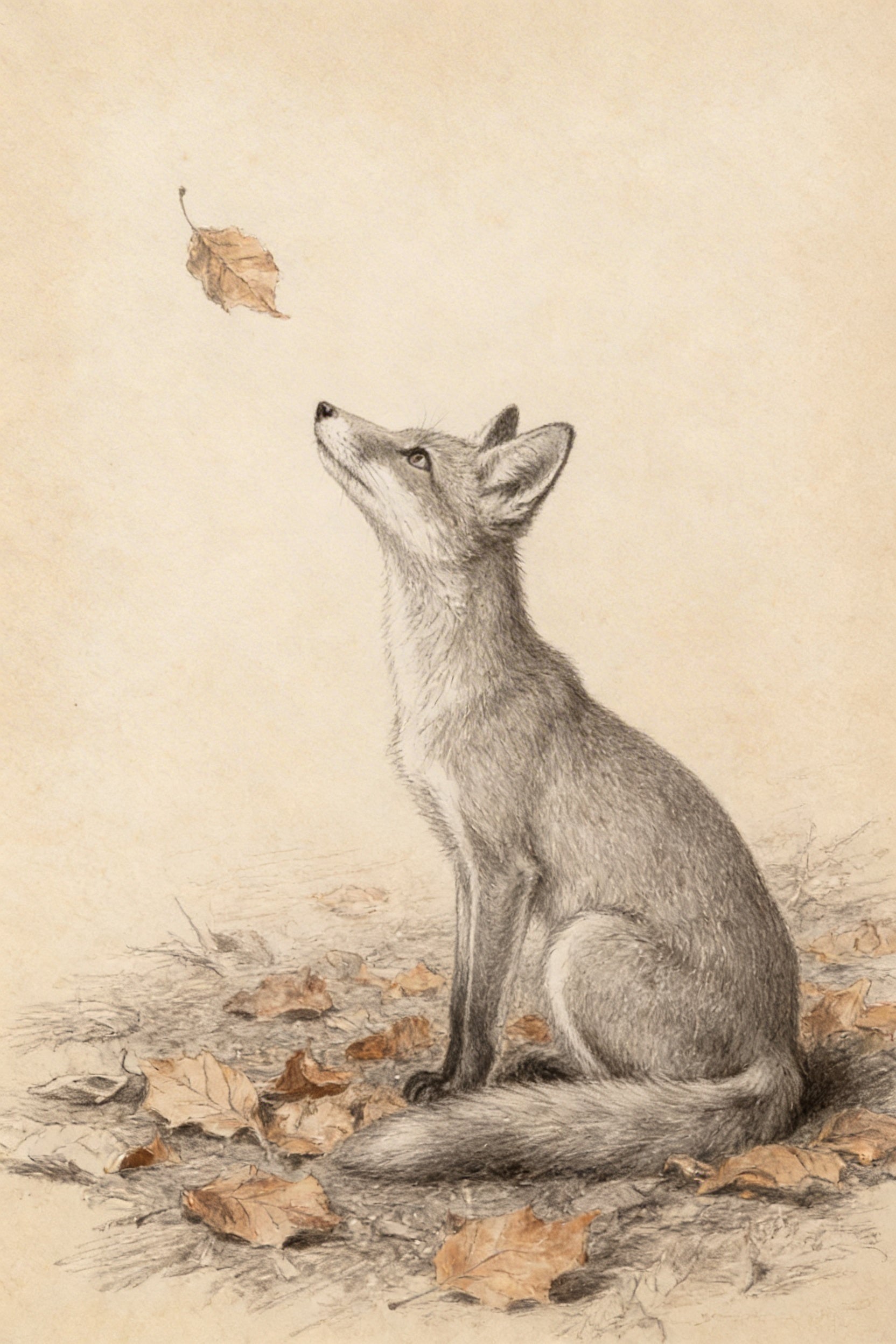 Falling Leaf Sketch Fox Wall Art - Autumn Fox Gaze