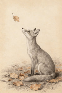 A detailed pencil illustration of a fox sitting on a forest floor littered with dry leaves. The fox is depicted in profile, its head tilted back as it watches a single brown leaf flutter down from above. The artwork uses fine line-work and delicate shading to create a realistic texture on the fox's fur. The scene is set on aged, cream-colored paper, and the scattered leaves feature subtle brown tones that contrast with the monochromatic rendering of the fox.