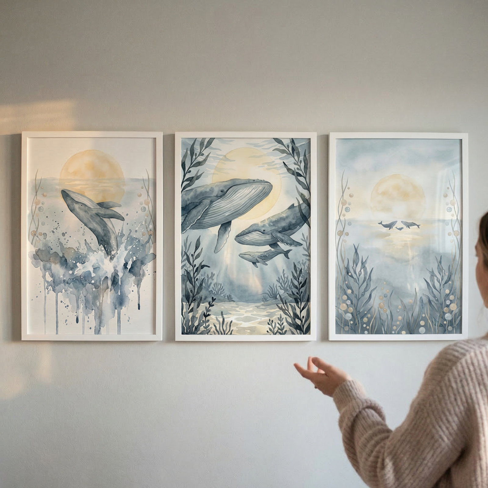 Three framed watercolor-style illustrations hang in a row on a plain wall. The blue and gold images depict whales in various ocean scenes under a large, pale sun. The left artwork shows a whale breaching water. The center piece features three whales swimming among underwater plants. The right artwork shows small whale silhouettes on a calm horizon. A person wearing a neutral knit sweater is partially visible on the right, gesturing toward the center frame with their hand.