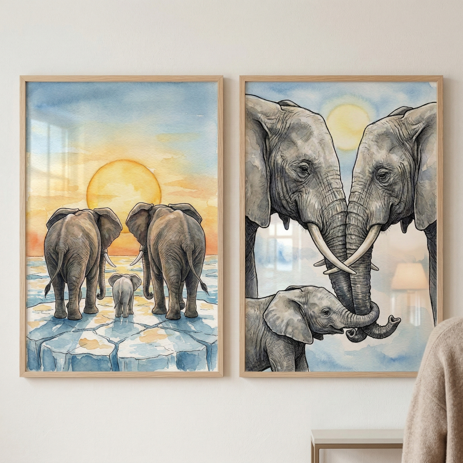 Two framed watercolor-style illustrations of elephant families hang side-by-side on a neutral wall. The left artwork depicts two large elephants and a tiny calf walking away across a blue, textured surface toward a bright setting sun. The right artwork is a close-up profile of two adult elephants with their tusks crossed and trunks touching, while a small calf stands below them. Both pieces are encased in light wood frames and feature soft blue and golden hues.