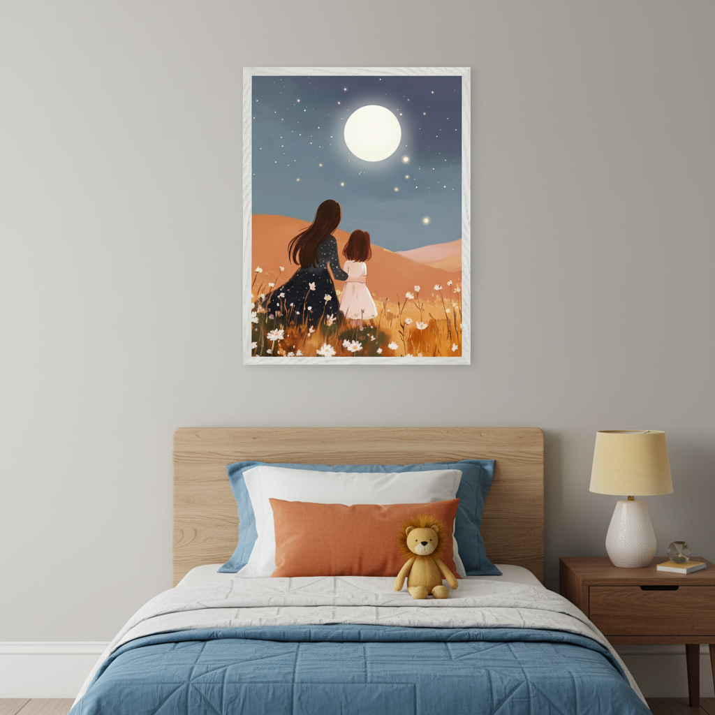 Kid's bedroom with a wooden bed and blue quilt. Above the bed hangs a framed illustration of an adult and child from behind, holding hands and gazing at a full moon and stars in a field of white flowers.