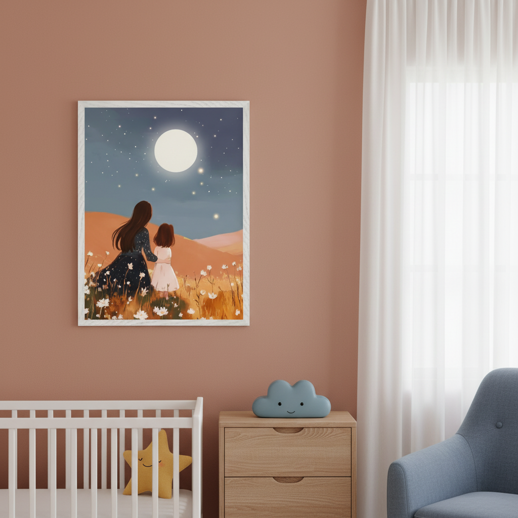 Modern nursery with a white crib, wooden dresser, and blue armchair. A framed illustration of a mother and child looking at a starry full moon over a flower field hangs on a peach wall, above the crib.