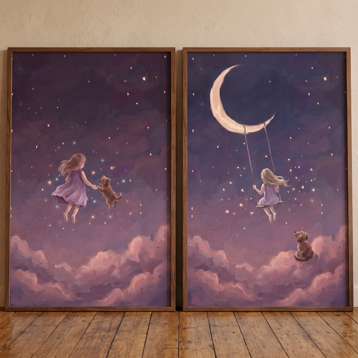 A fantastical night girl dog wall art set of 2 featuring a girl and her pet among purple clouds, stars, and a crescent moon.