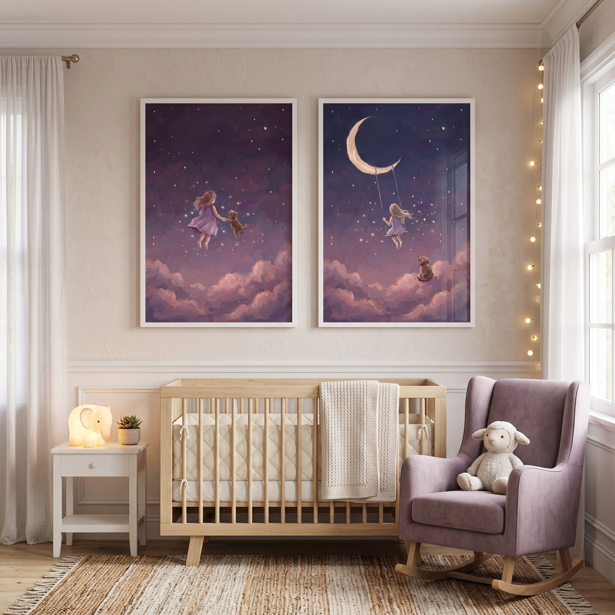 Fantastical Night Girl Dog Wall Art Set of 2 - Dreamy Night Skies
