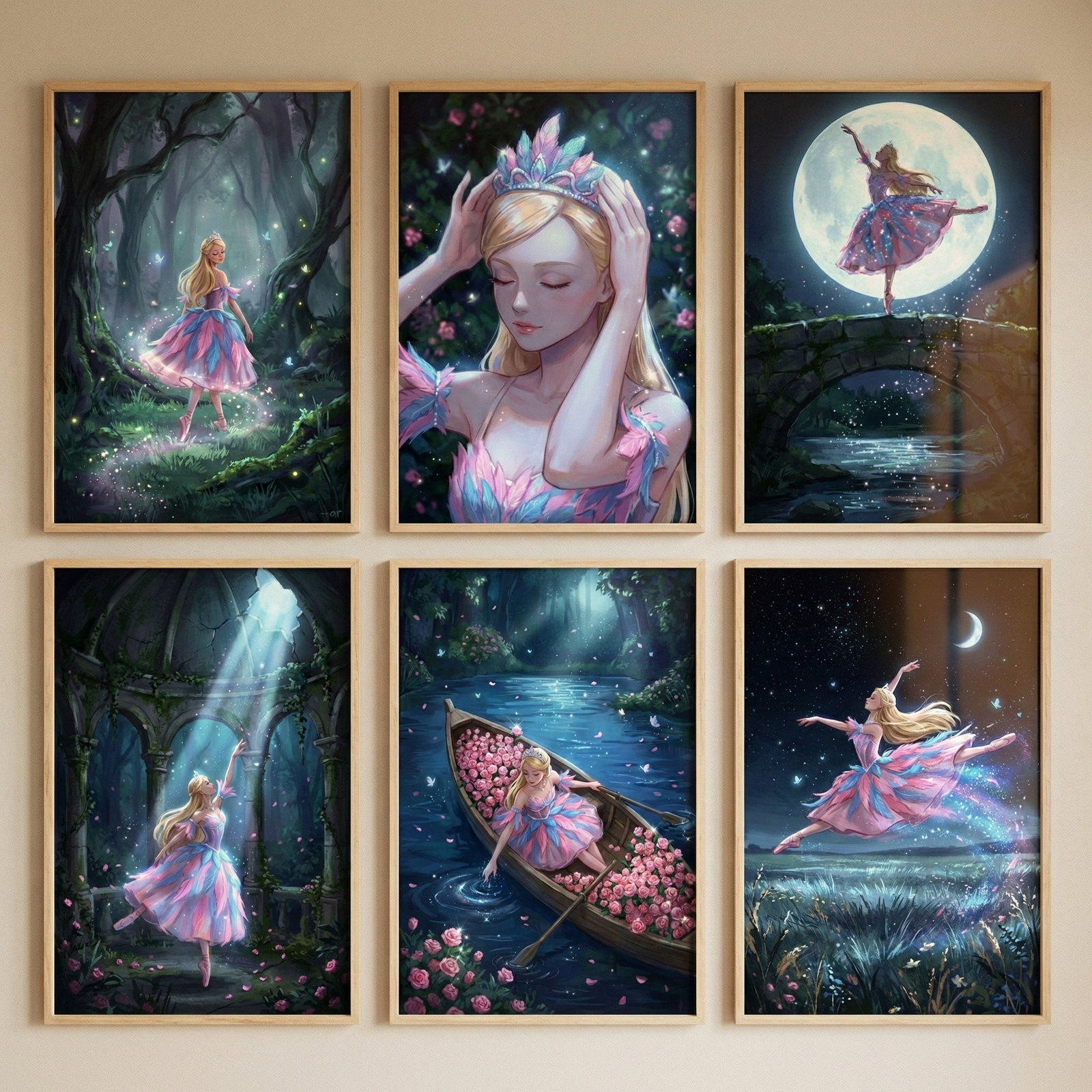 Six framed illustrations are displayed in a two-by-three grid against a light-colored wall. Each artwork features a young woman with long blonde hair in various magical and ethereal settings, wearing a multi-layered pink and blue dress that resembles delicate flower petals. In the top row, the first scene shows her walking through a dark, enchanted forest filled with small, glowing lights. 