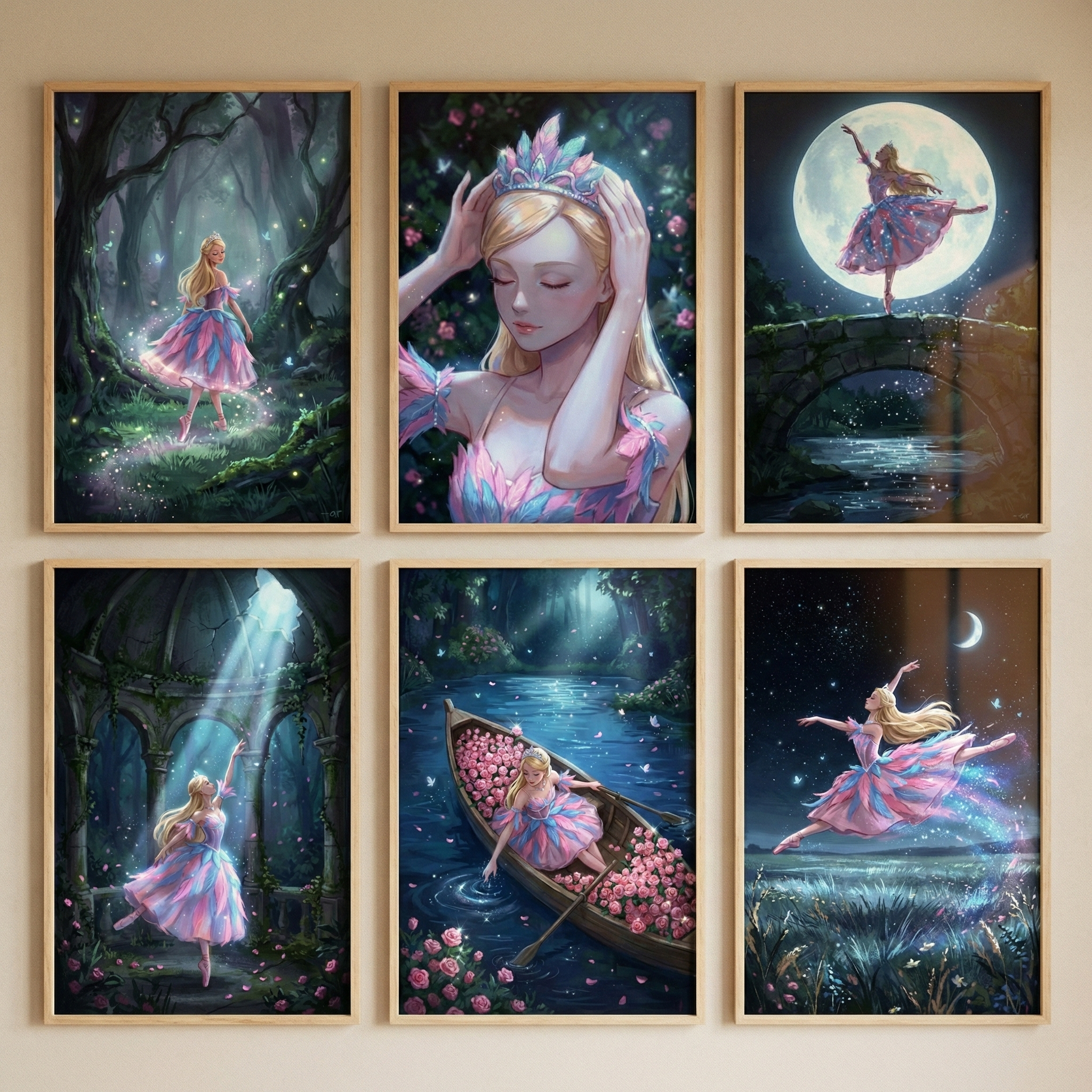 Fantasy Ballerina Wall Art Set of 6 - Moonlit Ballet