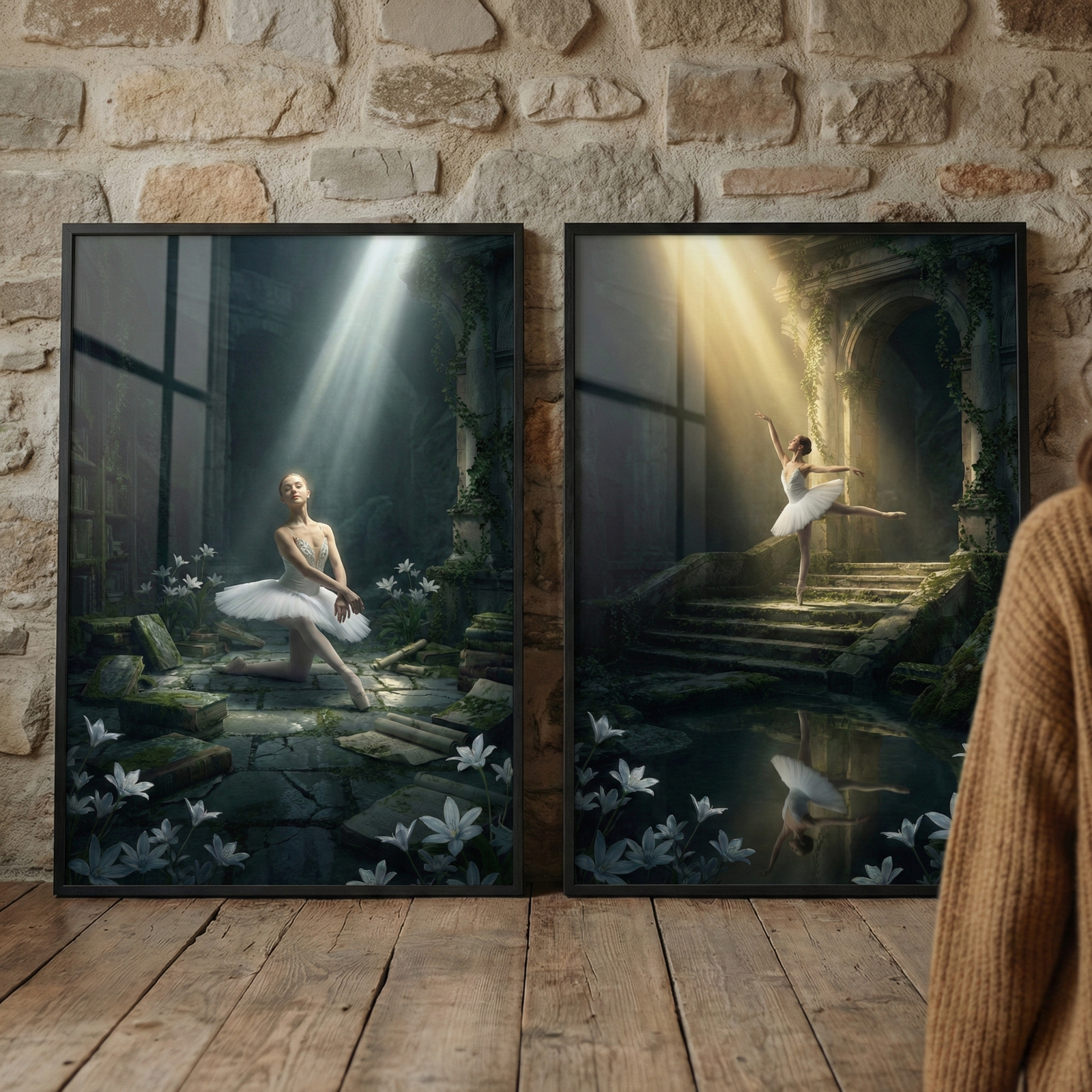 Two framed art pieces lean against a rustic stone wall on a wooden floor. The left piece depicts a ballerina in a white tutu kneeling in a dark, ruined interior, illuminated by a single beam of white light and surrounded by white lilies. The right piece shows a ballerina on a set of stone stairs in a vine-covered ruin, bathed in warm golden light. A reflection of her is seen in a pool of water in the foreground, with white flowers nearby. A person in a brown sweater is on the right.