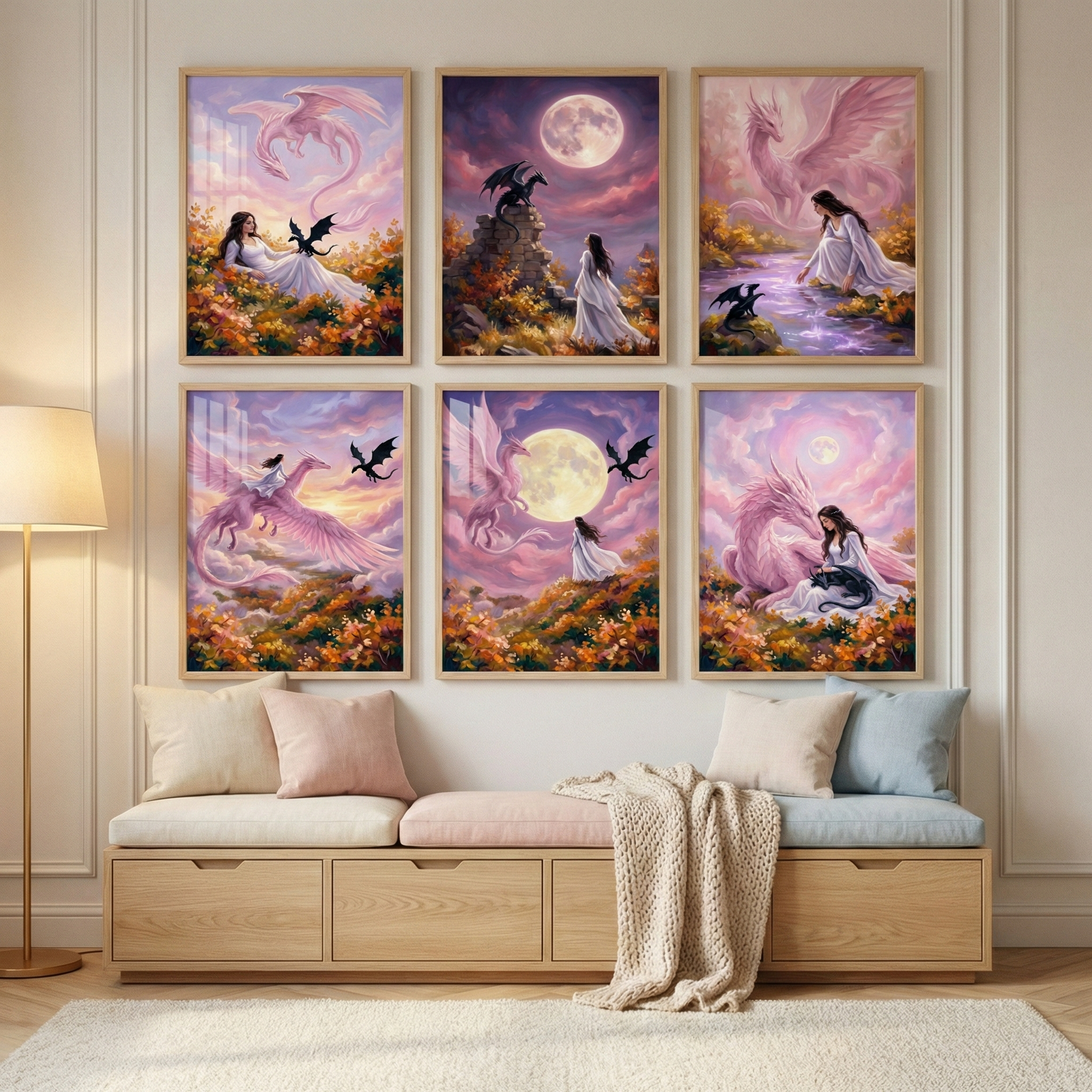 Six framed fantasy illustrations are displayed in a grid on a neutral wall above a light wood storage bench. Each piece depicts a woman in a long white dress in various ethereal scenes with large, flowing pink dragons and smaller dark creatures. The imagery features glowing full moons, vibrant purple and gold clouds, and fields of autumnal foliage. Below, the bench is adorned with soft pastel cushions and a textured knit throw, creating a cozy and whimsical atmosphere.