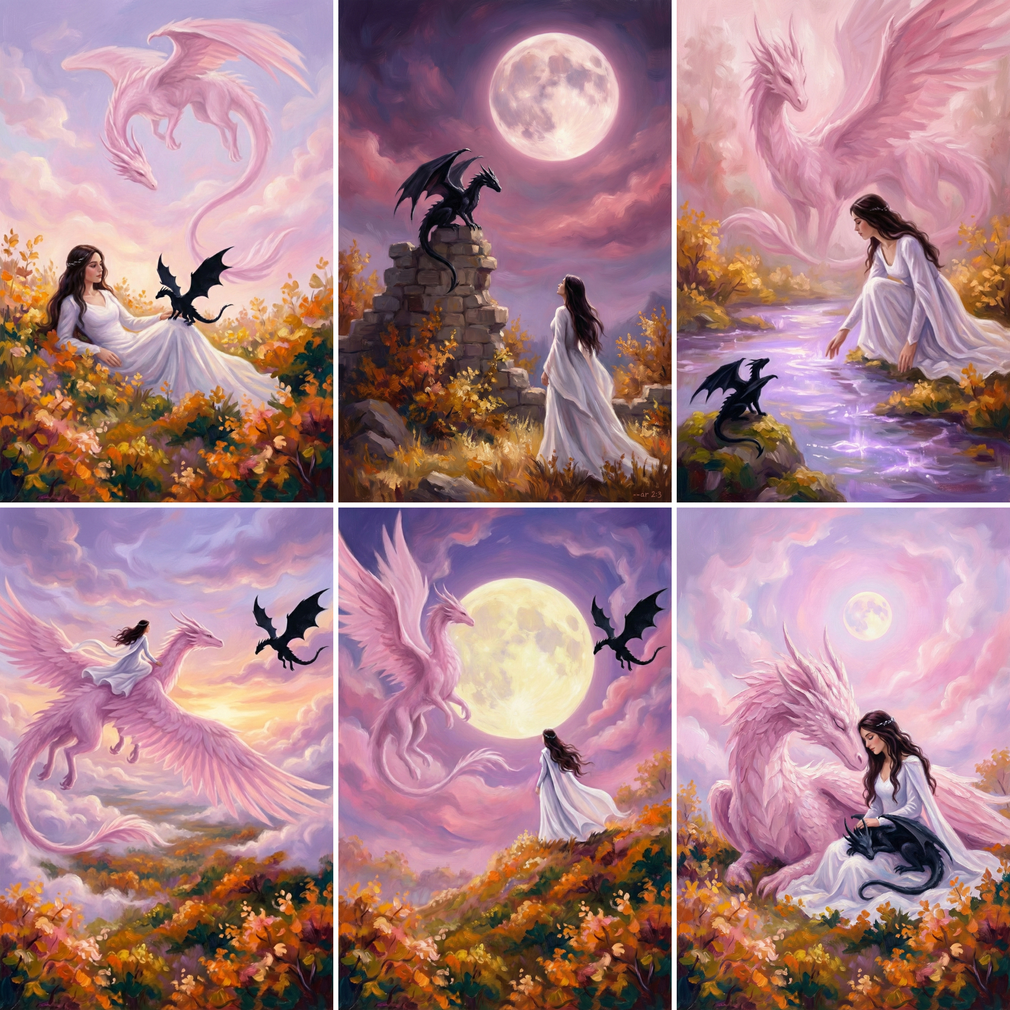 A cohesive fantasy wall art collection featuring a young woman in a flowing white dress surrounded by majestic pink and black dragons beneath glowing full moons and pastel skies. The scenes move from peaceful meadow moments to dramatic moonlit encounters and soaring flights above golden fields, blending soft pinks, lavenders, and warm autumn tones. 