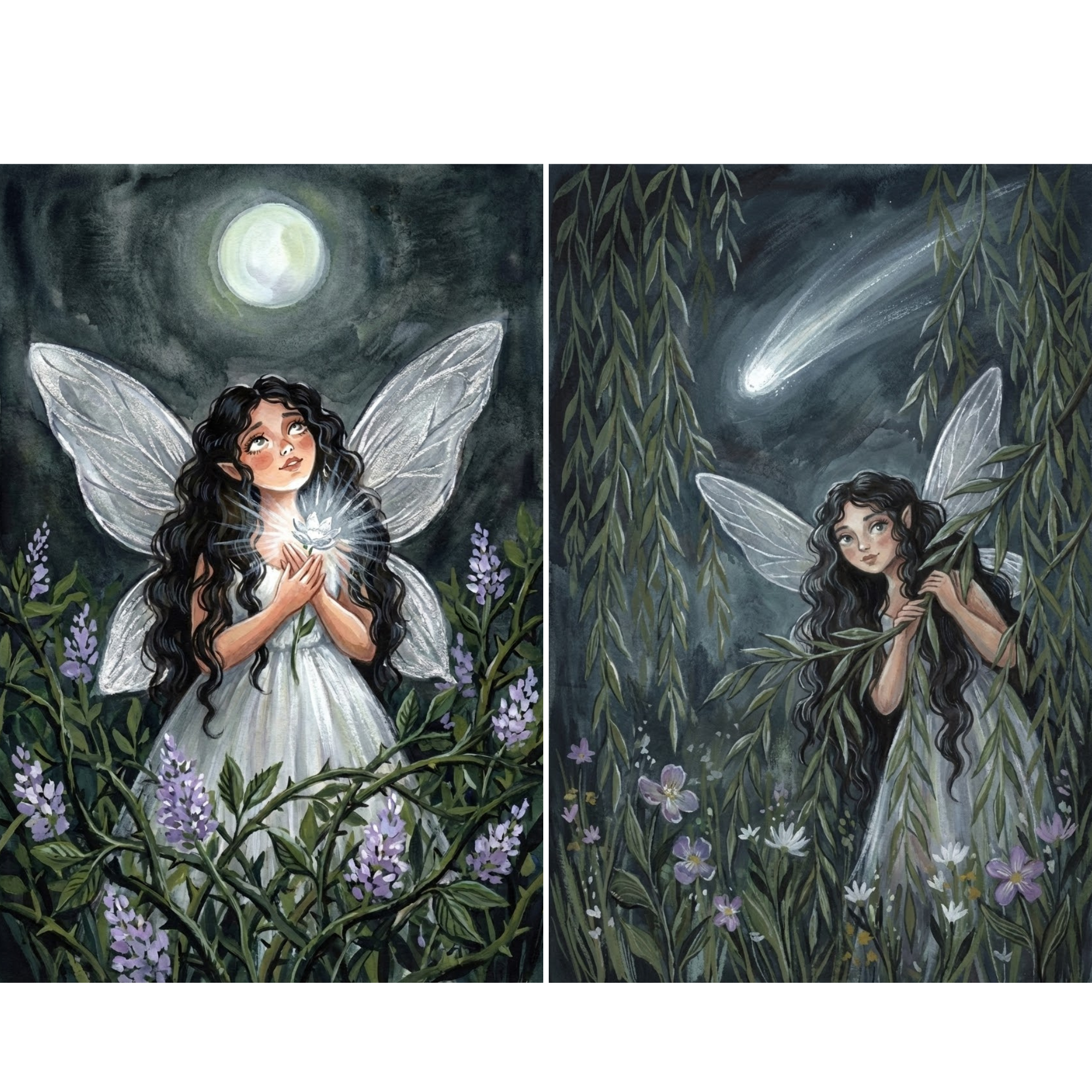 Two whimsical fairy illustrations set in a moonlit garden at night. The left image shows a winged girl in a white dress holding a glowing flower to her chest beneath a full moon surrounded by purple blossoms, while the right shows her peeking through willow branches as a bright shooting star streaks across the dark sky above delicate wildflowers.