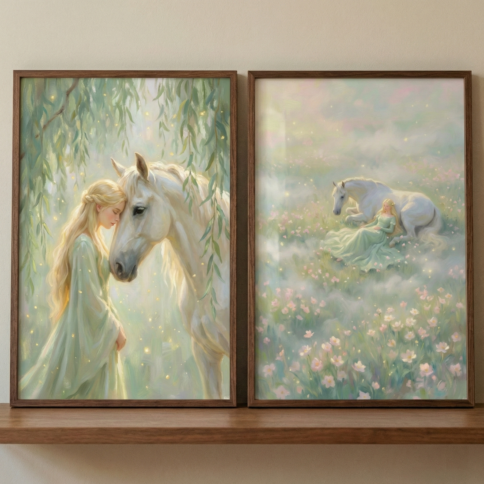 Two wooden-framed vertical artworks sit on a light brown shelf. The left piece shows a blonde woman in a green gown leaning her forehead against a white horse's head under soft foliage. The right piece depicts the woman and horse resting in a misty field of pink flowers. Both illustrations share a romantic, ethereal aesthetic, filled with soft light and magical glowing golden specks against a neutral wall.