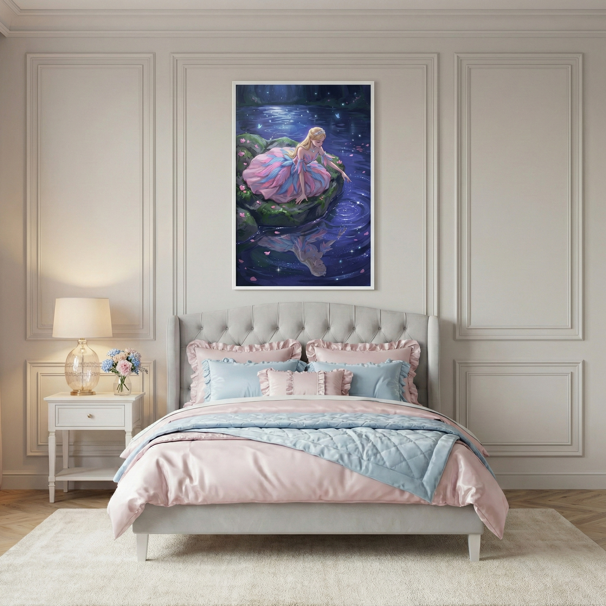 A light-filled bedroom features elegant wall paneling and a soft cream rug. A bed with a tufted gray headboard is layered with pastel pink and light blue bedding, including ruffled pillows and a quilted throw. Centered above the headboard is a framed vertical illustration of a fair-haired young woman in a tiered pink and blue gown, seated on a rock by a moonlit pond. She reaches toward her reflection in the dark water. A white nightstand to the side holds a glass lamp and a small floral arrangement.