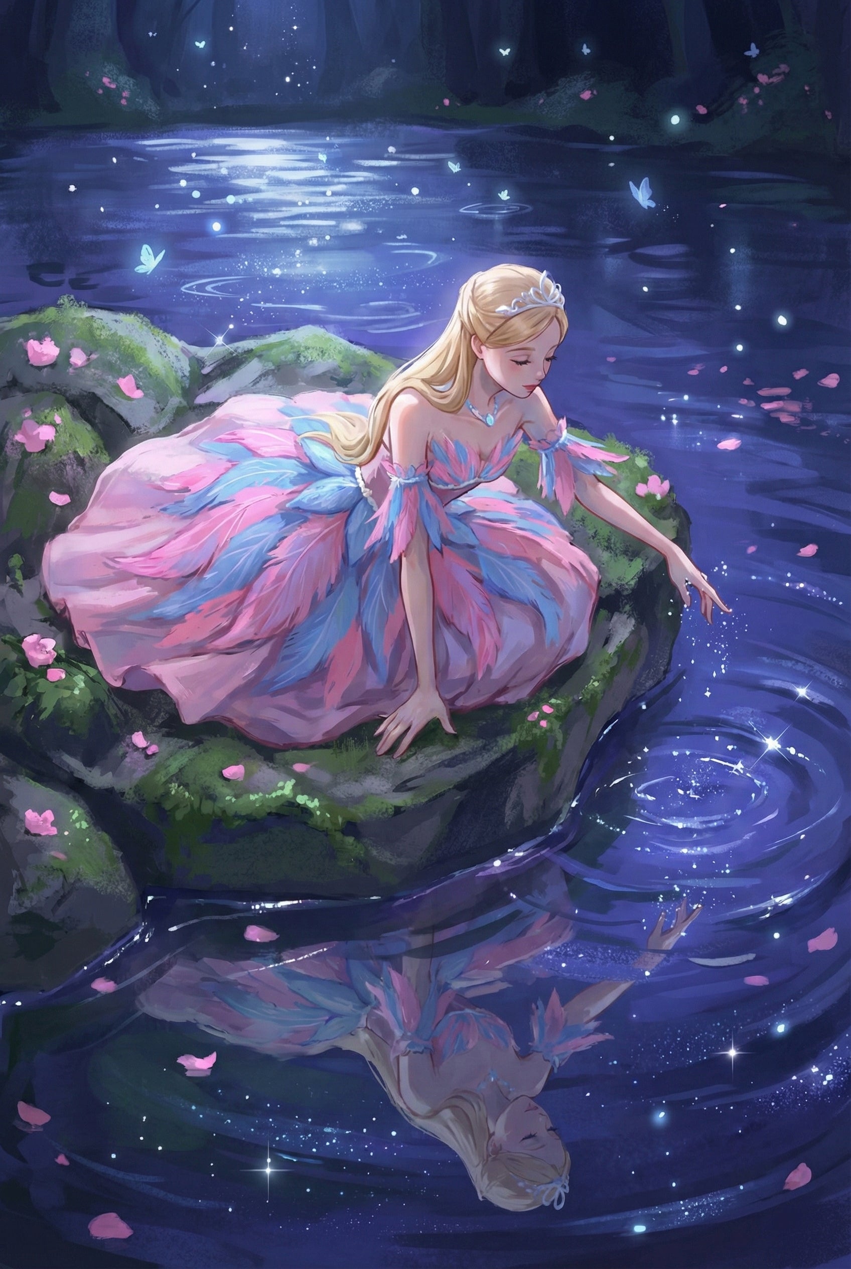 A blonde ballerina in a pink and blue feathered gown kneels on a moss covered rock beside a moonlit pond, gently touching the sparkling water. Her reflection shimmers below as butterflies and petals drift through the night, creating a soft enchanted forest scene.

