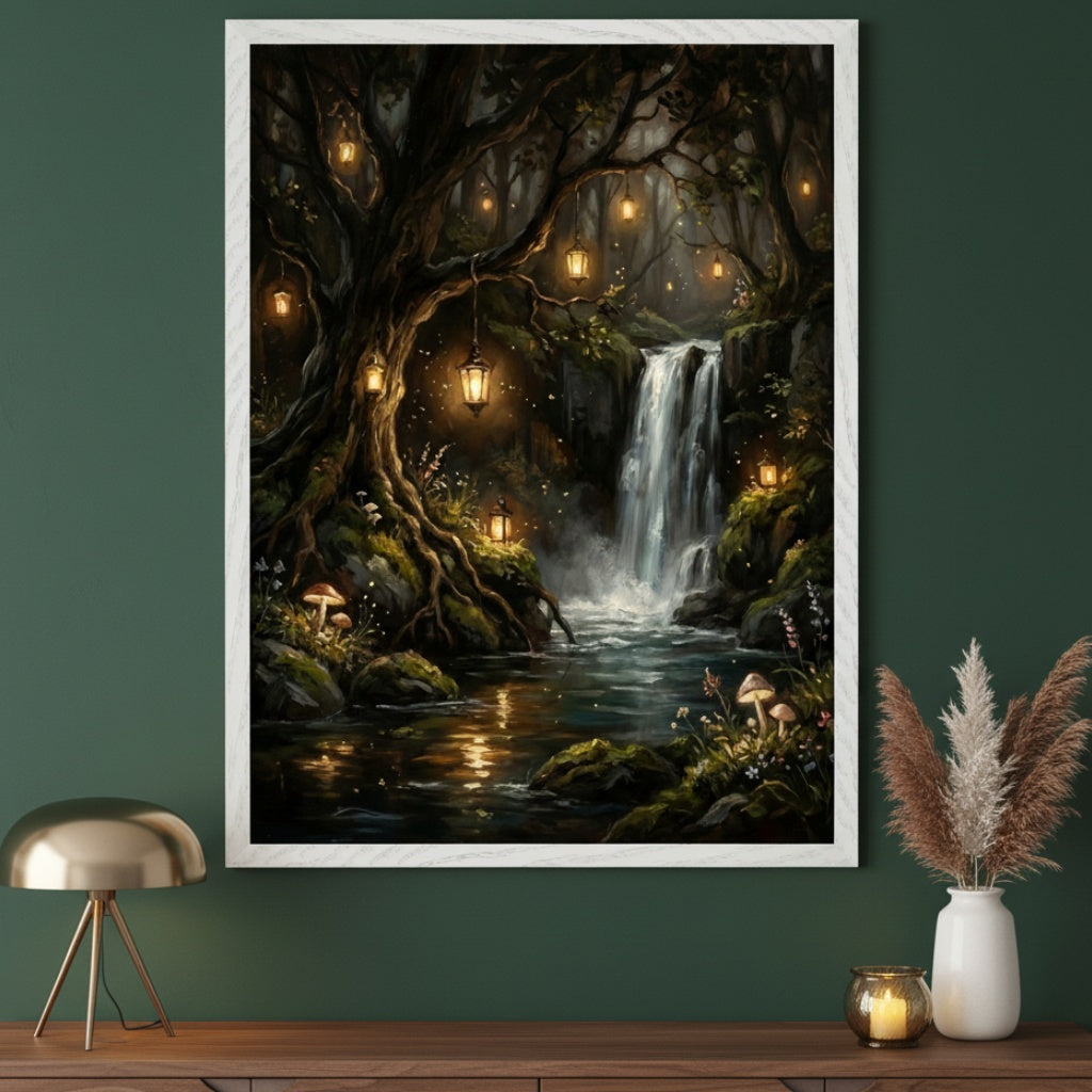 Modern room with a dark green wall and a wooden console table. A large, white-framed painting hangs centered above the console, depicting a magical forest with a waterfall, stream, trees, mushrooms, and many glowing lanterns.