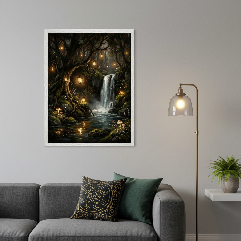 Modern living room with a grey sofa and brass floor lamp. A framed print of a fantasy forest with a waterfall and glowing lanterns hangs above the sofa, left of the lamp. A small plant is on a shelf right of the lamp.