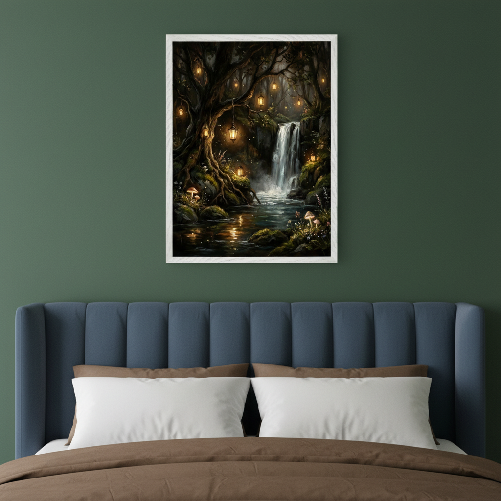 Modern bedroom with a blue upholstered headboard bed and brown bedding. A framed fantasy art print of a dark forest with a waterfall, glowing lanterns, and mushrooms hangs centered above the bed.