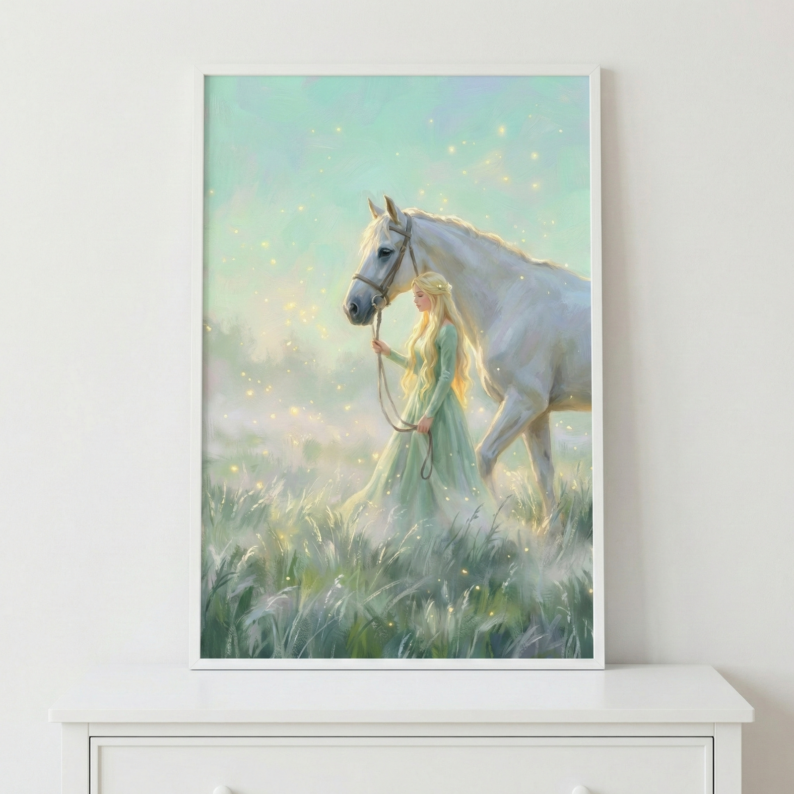 A digital illustration of a young woman with long, pale blonde hair wearing a flowing sage green dress. She is leading a majestic white horse by its bridle through a meadow of tall, wild grass. The scene is set under a soft, teal-tinted sky filled with glowing, golden specks of light that resemble fireflies or magic. The art style is soft and dreamlike, conveying a peaceful and enchanted atmosphere.