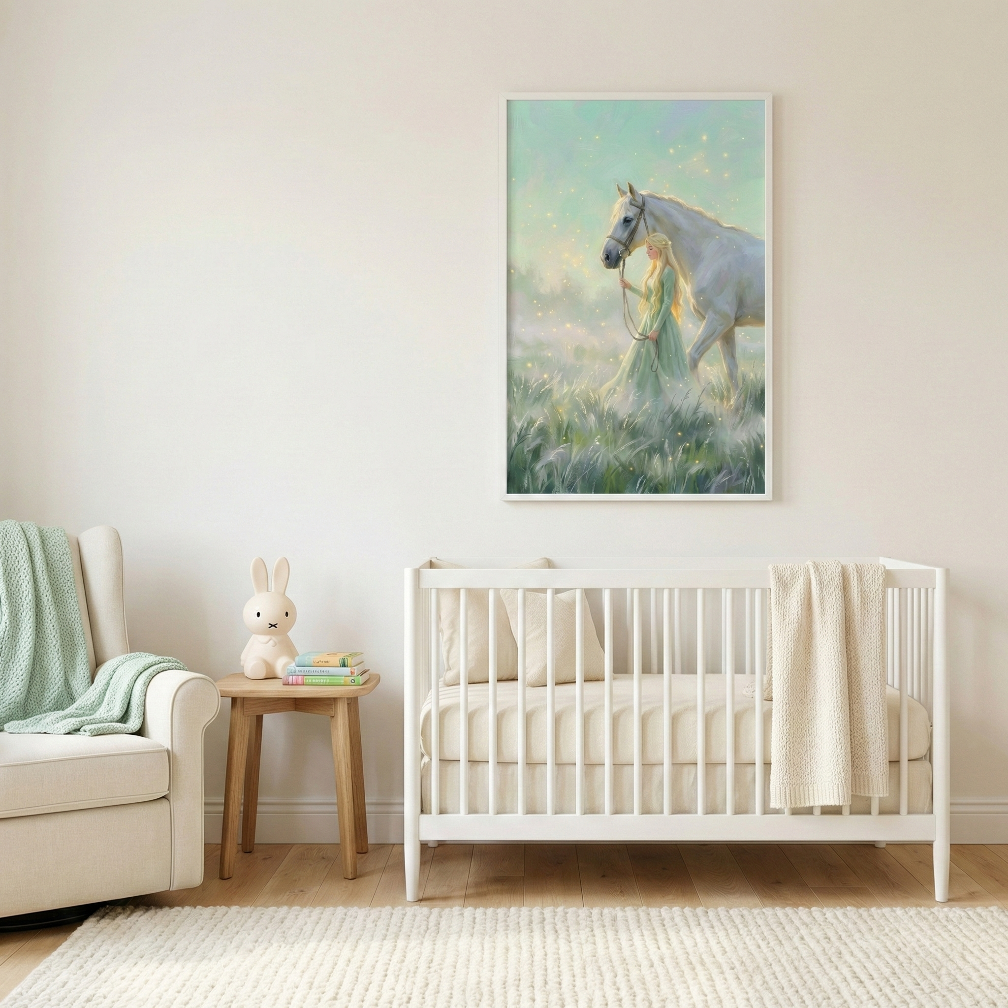 A cozy nursery features a white crib with a cream blanket draped over the side, next to a light wooden side table holding a bunny lamp and colorful books. A soft armchair with a mint green knitted throw is nearby. Above the crib, a framed artwork depicts a serene scene of a woman walking with a white horse in a misty, glowing field.