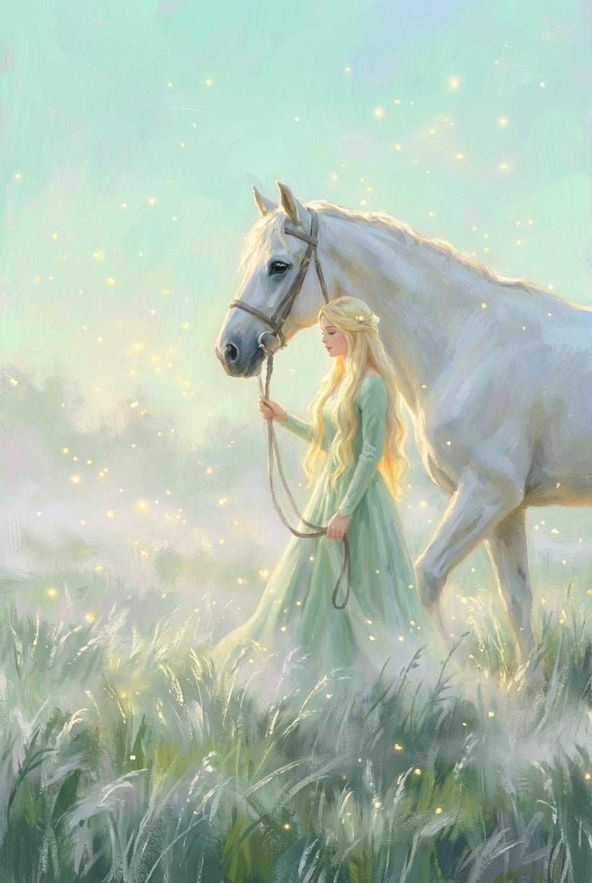A young woman with long, flowing blonde hair walks beside a large white horse through a field of tall, wispy grass. She wears a floor-length, long-sleeved light green gown and gently holds the horse’s lead. The atmosphere is ethereal and misty, with countless tiny, warm, glowing spots of light floating throughout the air. The colors are soft and muted, dominated by pale greens, whites, and light blues, creating a peaceful and magical fairytale-like scene.