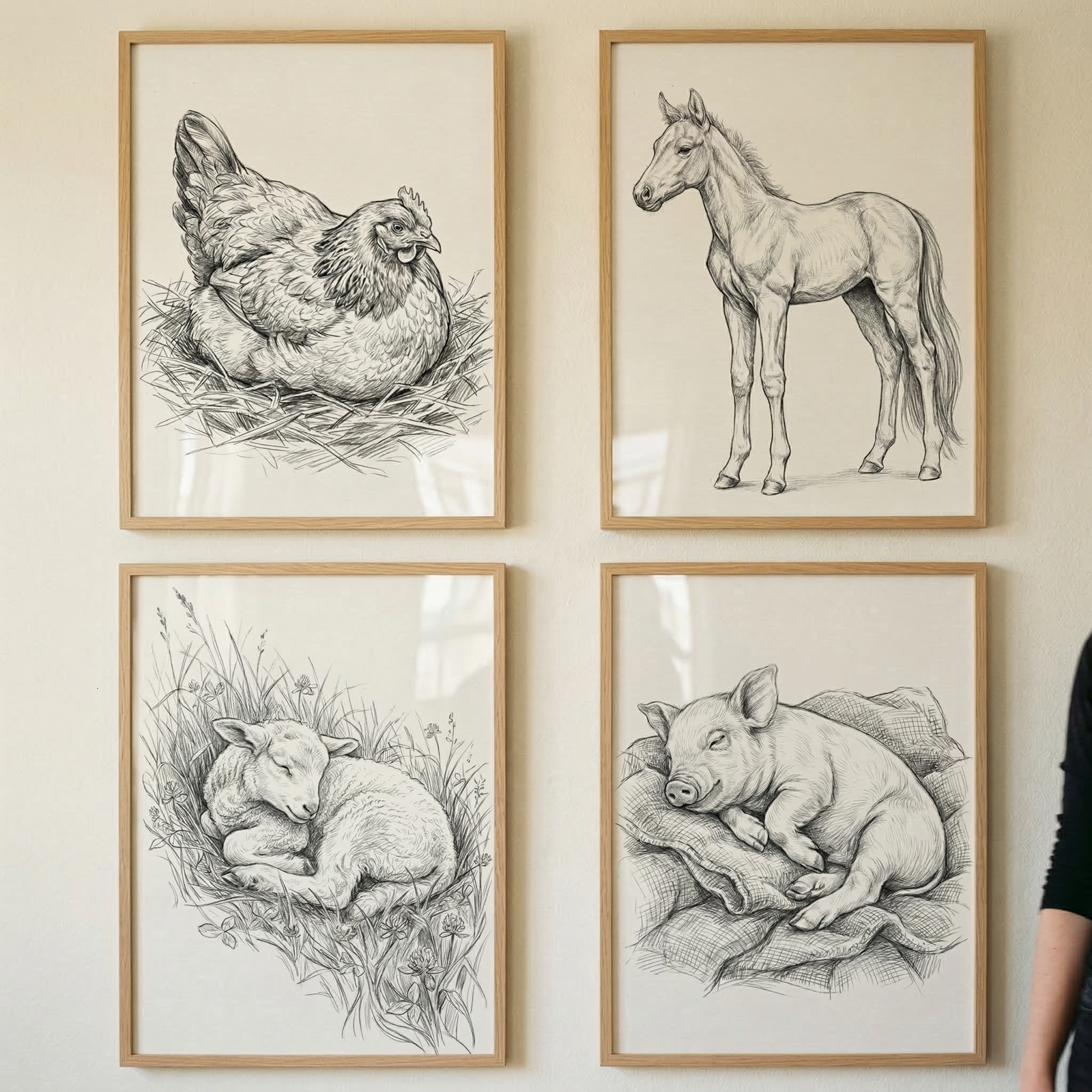 A set of four framed black and white illustrations is arranged in a square grid on a neutral wall. These detailed pencil-style sketches depict young farm animals. The top row features a hen nestled in straw and a young horse standing. The bottom row shows a small lamb curled up in grass and a piglet sleeping on a textured cloth. Each drawing is rendered with fine lines and delicate shading on a light background, housed in a thin, light-colored wooden frame for a minimalist, rustic look.