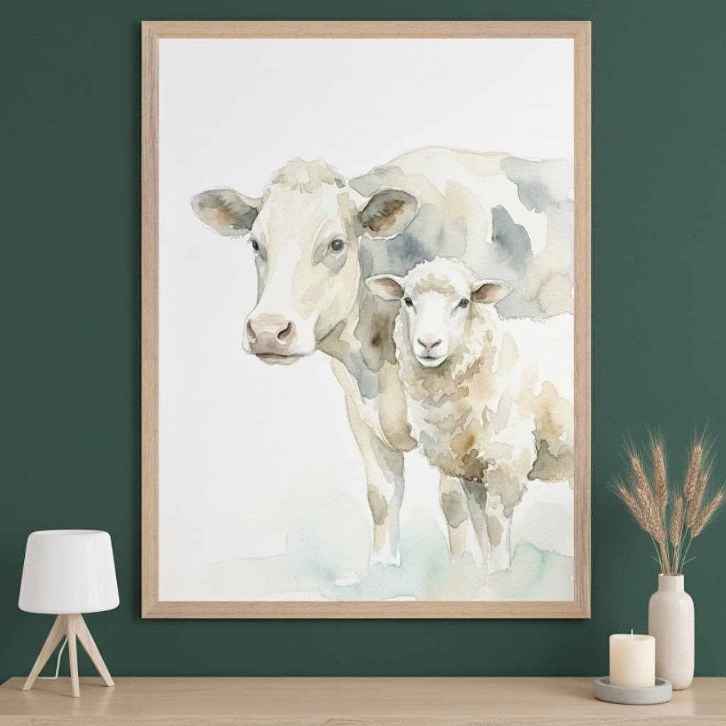 Modern room with a light wooden console table against a dark green wall. A large framed watercolor painting of a white cow and a lamb hangs centered above the table. A white lamp, candle, and vase with dried wheat are on the table.