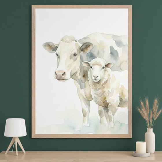 Modern room with a light wooden console table against a dark green wall. A large framed watercolor painting of a white cow and a lamb hangs centered above the table. A white lamp, candle, and vase with dried wheat are on the table.