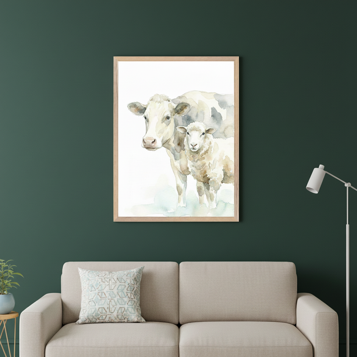 Modern living room with a beige sofa against a dark green wall. A large framed watercolor painting of a white cow and a lamb hangs centered above the sofa.