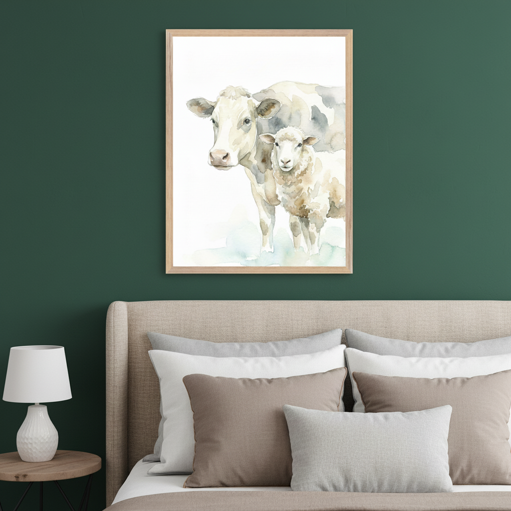 Modern bedroom with a beige fabric bed and a wooden nightstand. A large framed watercolor print of a white cow and sheep hangs centered above the bed on a dark green wall.