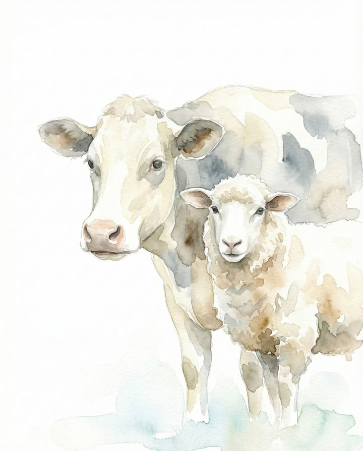 Soft watercolor artwork of a cow standing beside a sheep with pale neutral tones on a white background symbolizing peaceful farm animal companionship and rural harmony
