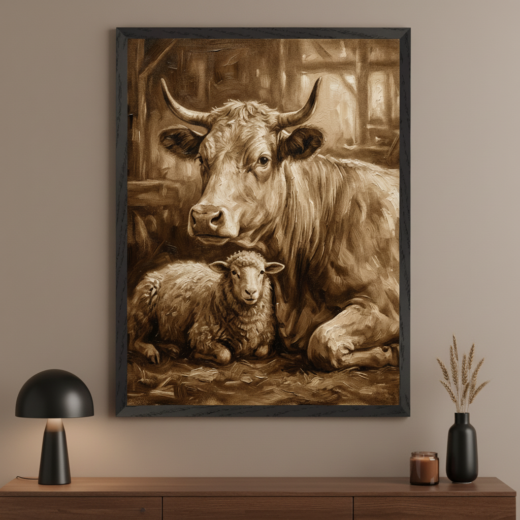 Modern room with a dark wooden dresser. A large, dark-framed sepia painting of a cow and a lamb in a barn hangs centered above the dresser. A black lamp is on the left, a vase and candle on the right.