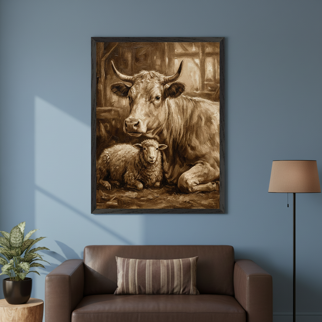 Modern living room with a brown leather sofa, a floor lamp, and a potted plant on a wooden stool. A large framed sepia-toned painting of a cow and a lamb lying together in a barn hangs centered above the sofa.