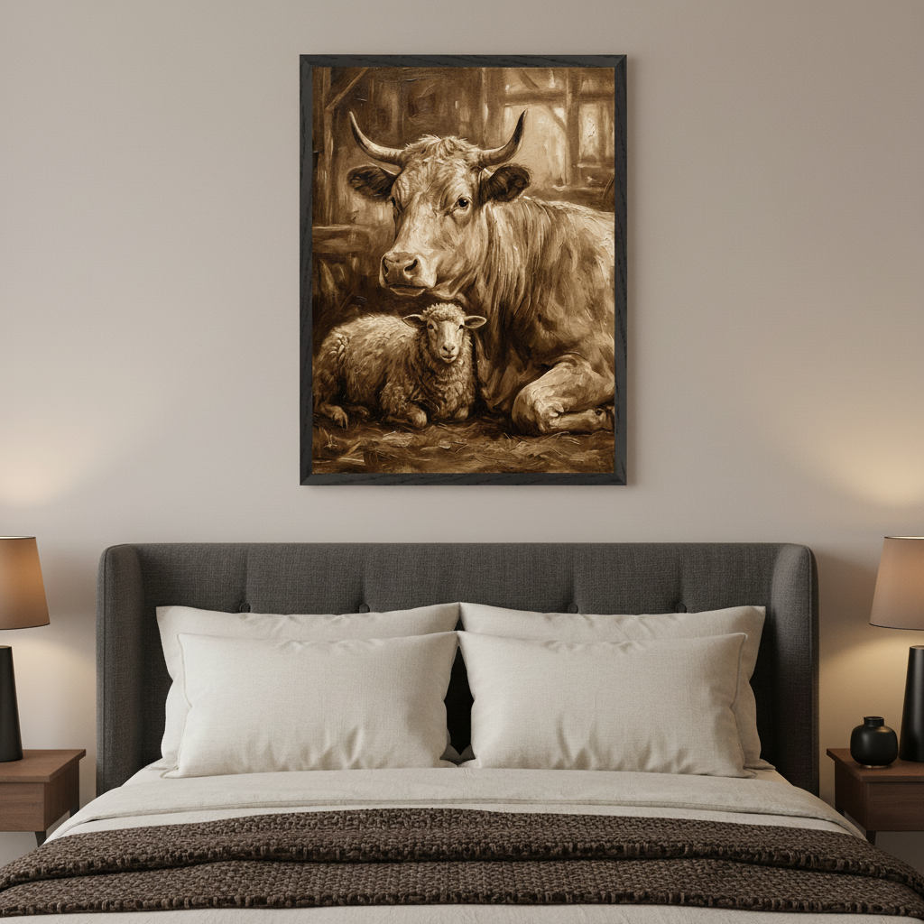 Modern bedroom with a gray upholstered bed and two nightstands. A large framed sepia-toned painting of a cow and a lamb in a barn hangs centered above the bed.