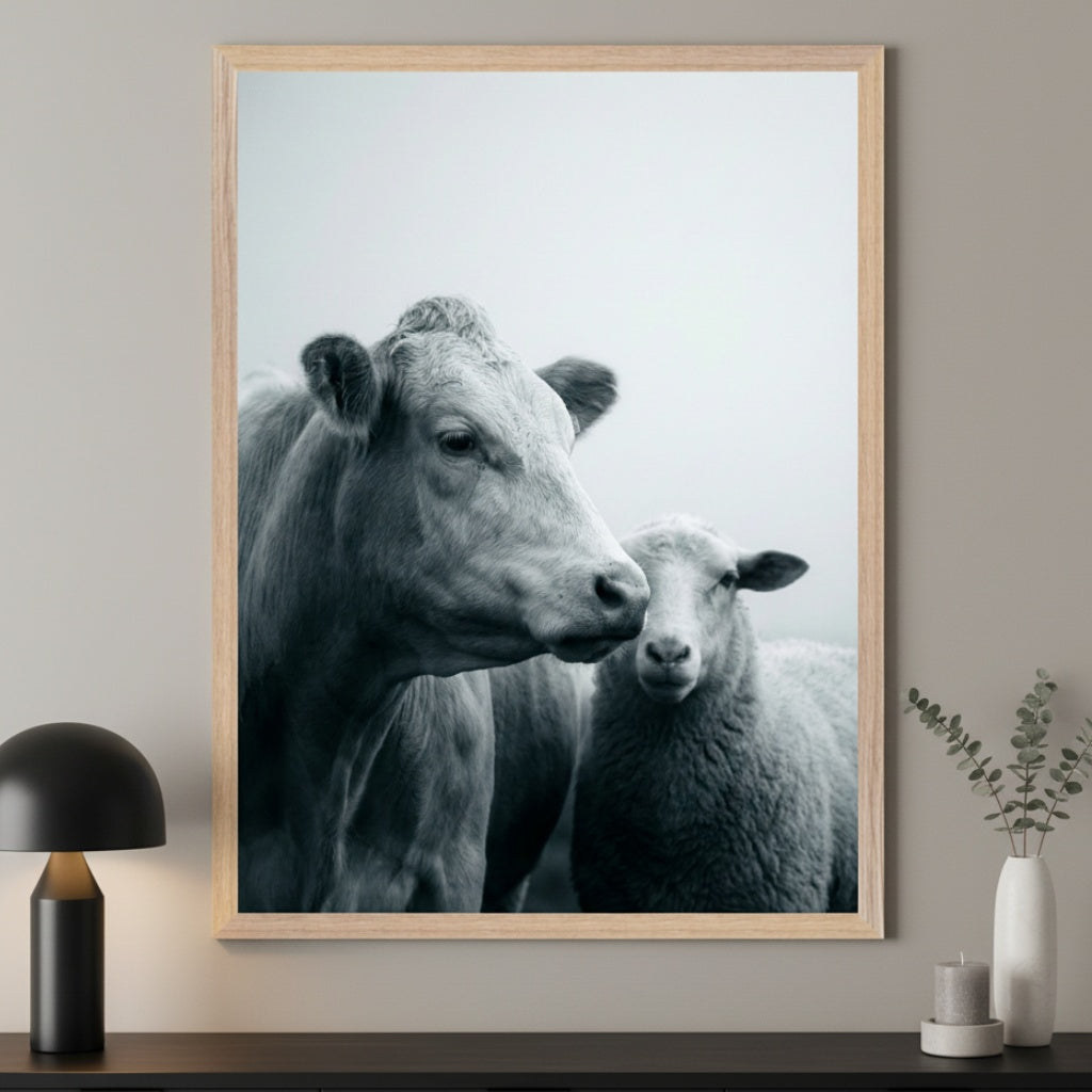 Modern living room with a dark console table. A large light wood framed black and white photograph of a cow and a sheep hangs centered above the table.