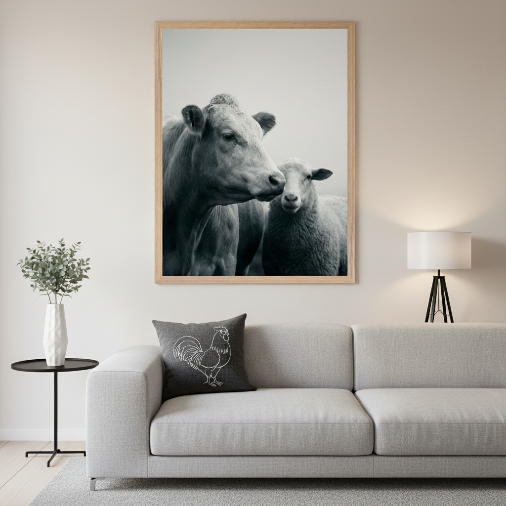Modern living room with a light gray sectional sofa. A large, light wood-framed, black and white photograph of a cow and a sheep hangs above the sofa. A black side table with a plant and a black tripod lamp are also visible.