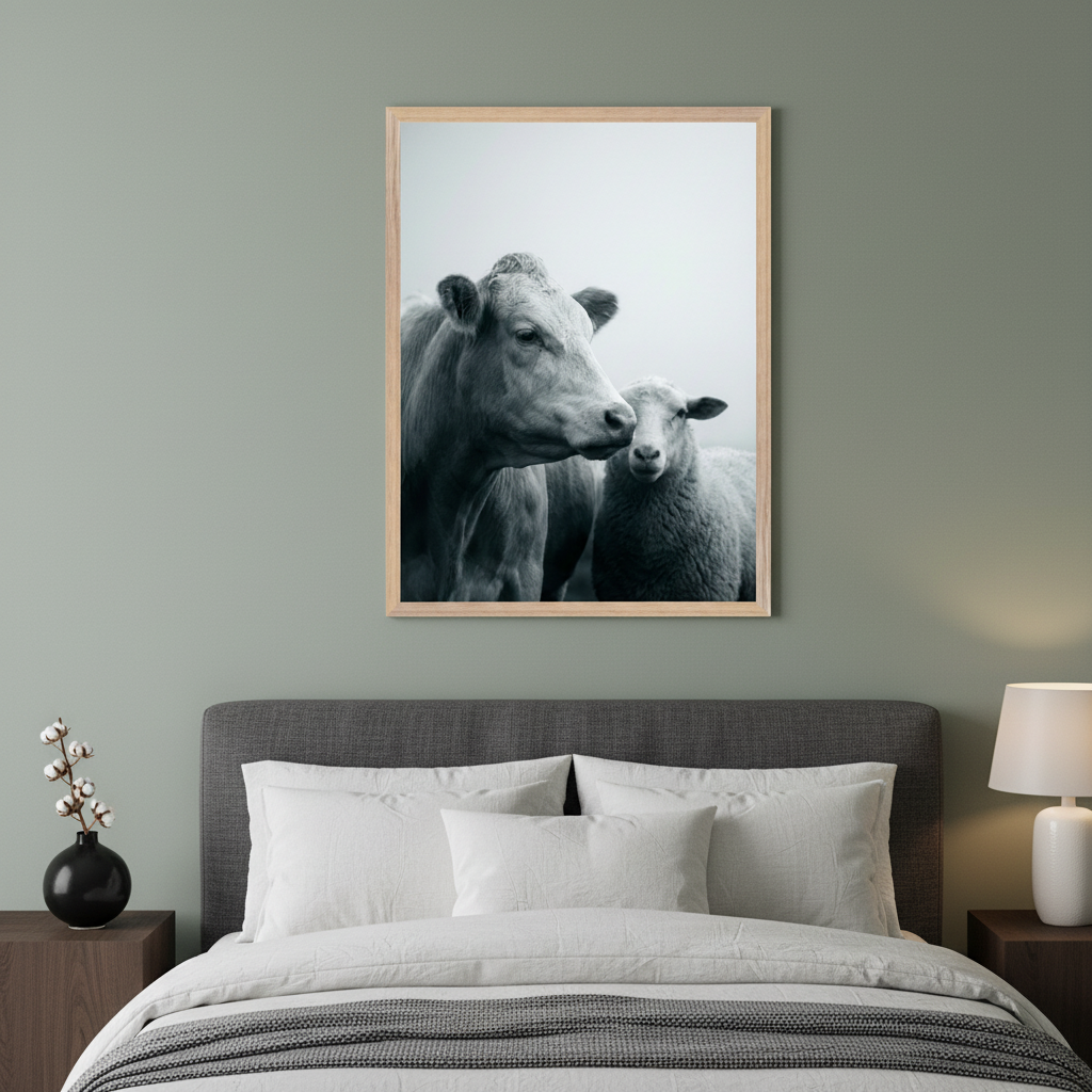 Modern bedroom with a gray upholstered bed and white bedding. A light wood-framed black and white photograph of a cow and a sheep hangs centered above the bed. Dark wood nightstands with decor flank the bed.