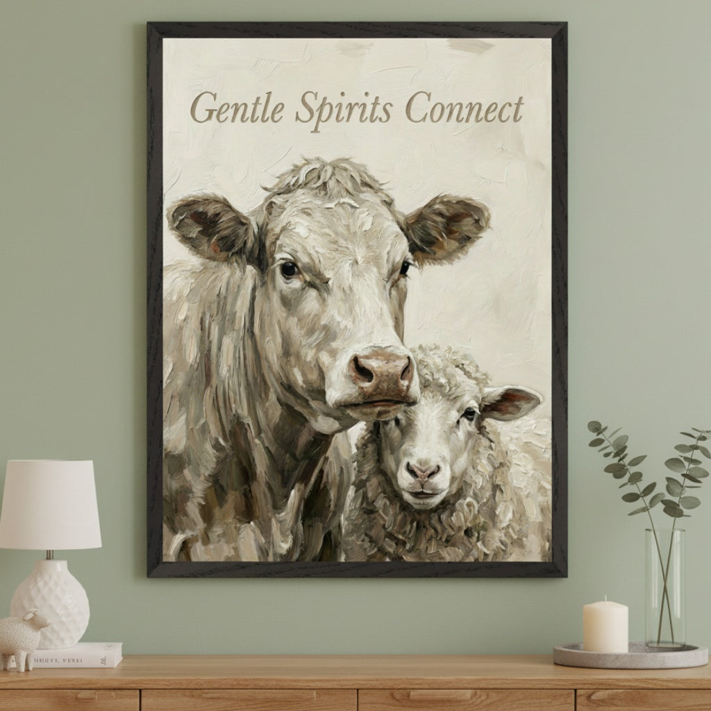 Living room with a sage green wall and wooden console table. A large black-framed painting of a white cow and sheep in an oil style, with "Gentle Spirits Connect" text, hangs above the table. A white lamp, candle, and eucalyptus are on the table.