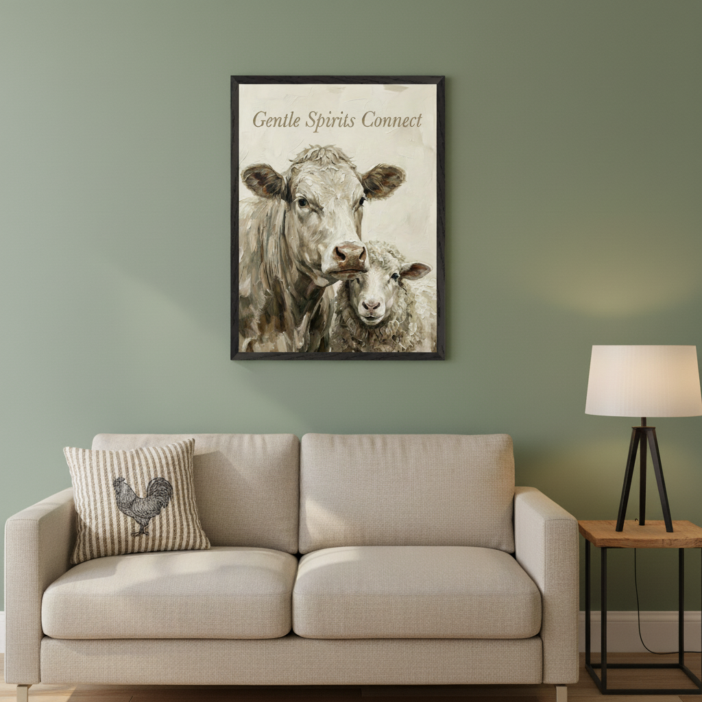 Living room with a light beige sofa and a striped pillow with a rooster. A small wooden end table with a lamp is on the right. A large framed painting of a cow and a sheep, with "Gentle Spirits Connect" text, hangs centered above the sofa.