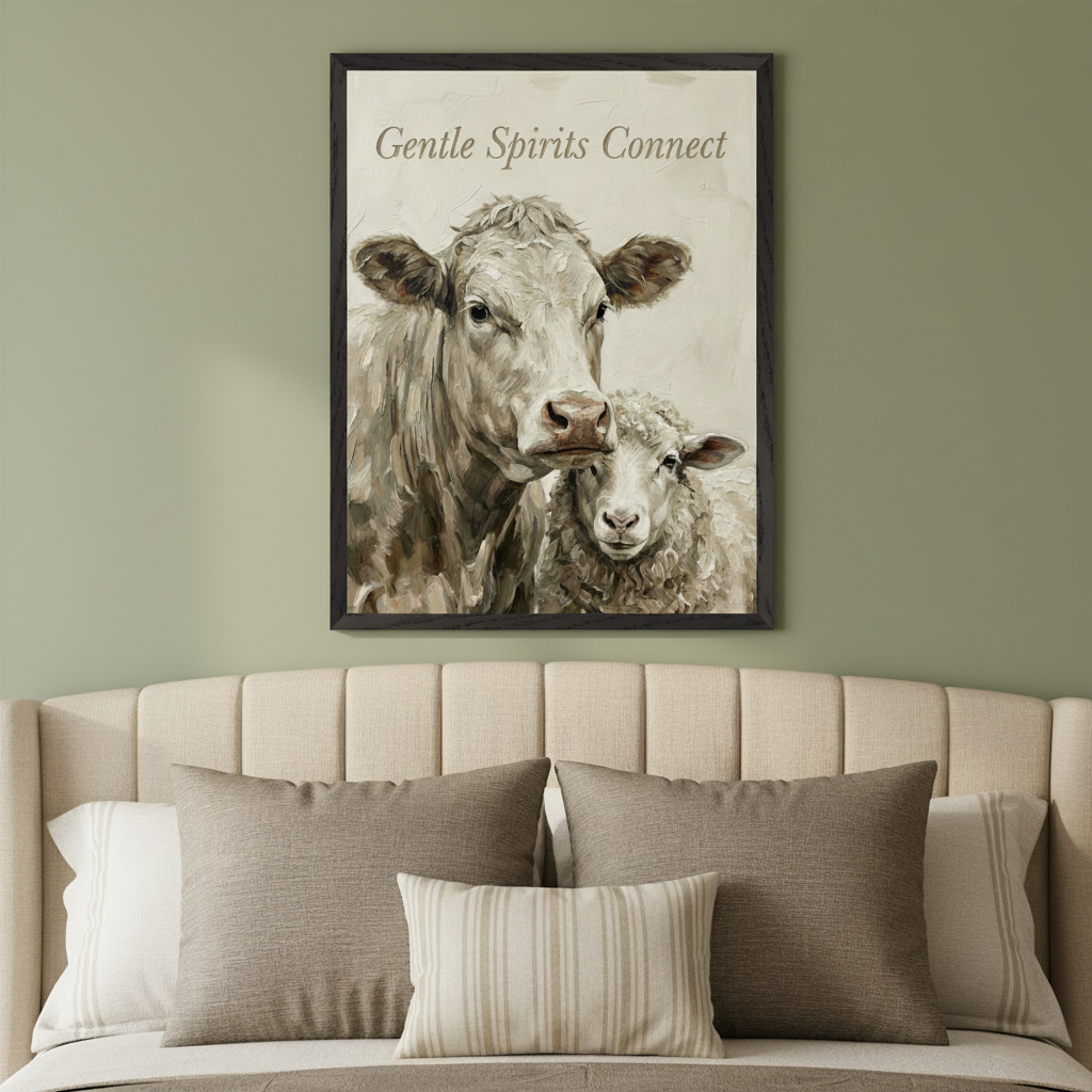 Adult bedroom with a large framed painterly artwork depicting a light-colored cow and a sheep, with "Gentle Spirits Connect" text, centered above a beige upholstered bed.