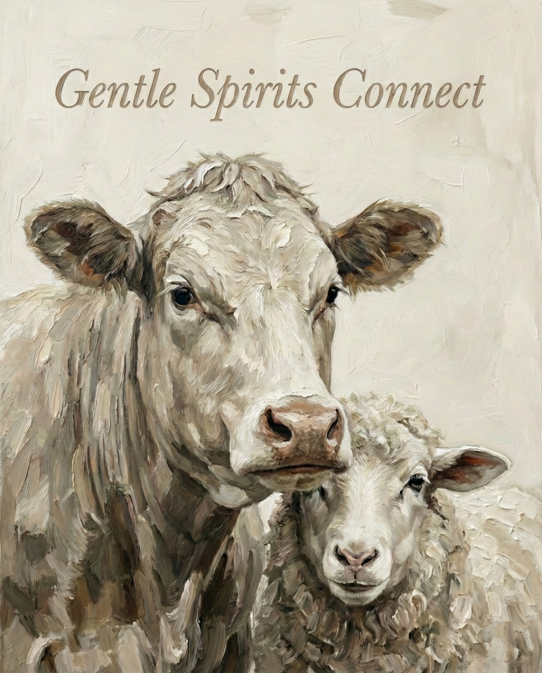 Oil painting of a white cow and fluffy sheep standing closely together against a soft cream background with the text “Gentle Spirits Connect” emphasizing peaceful connection and animal companionship
