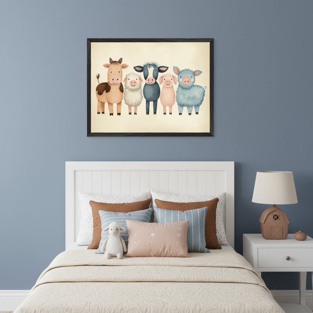 Kid's bedroom with a white headboard and bed. A large framed watercolor print of five cartoon farm animals (brown cow, white sheep, gray cow, pink pig, blue sheep) hangs above the bed. A white nightstand with a barn lamp sits to the right.