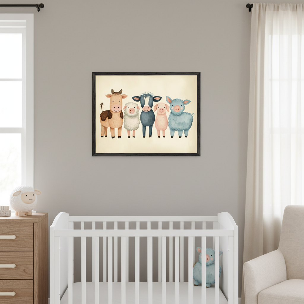 Modern nursery with a white crib and light wood dresser. A black-framed print of five cute, watercolor-style farm animals (cow, sheep, black cow, pink pig, blue pig) hangs centered above the crib. A beige armchair is on the right.