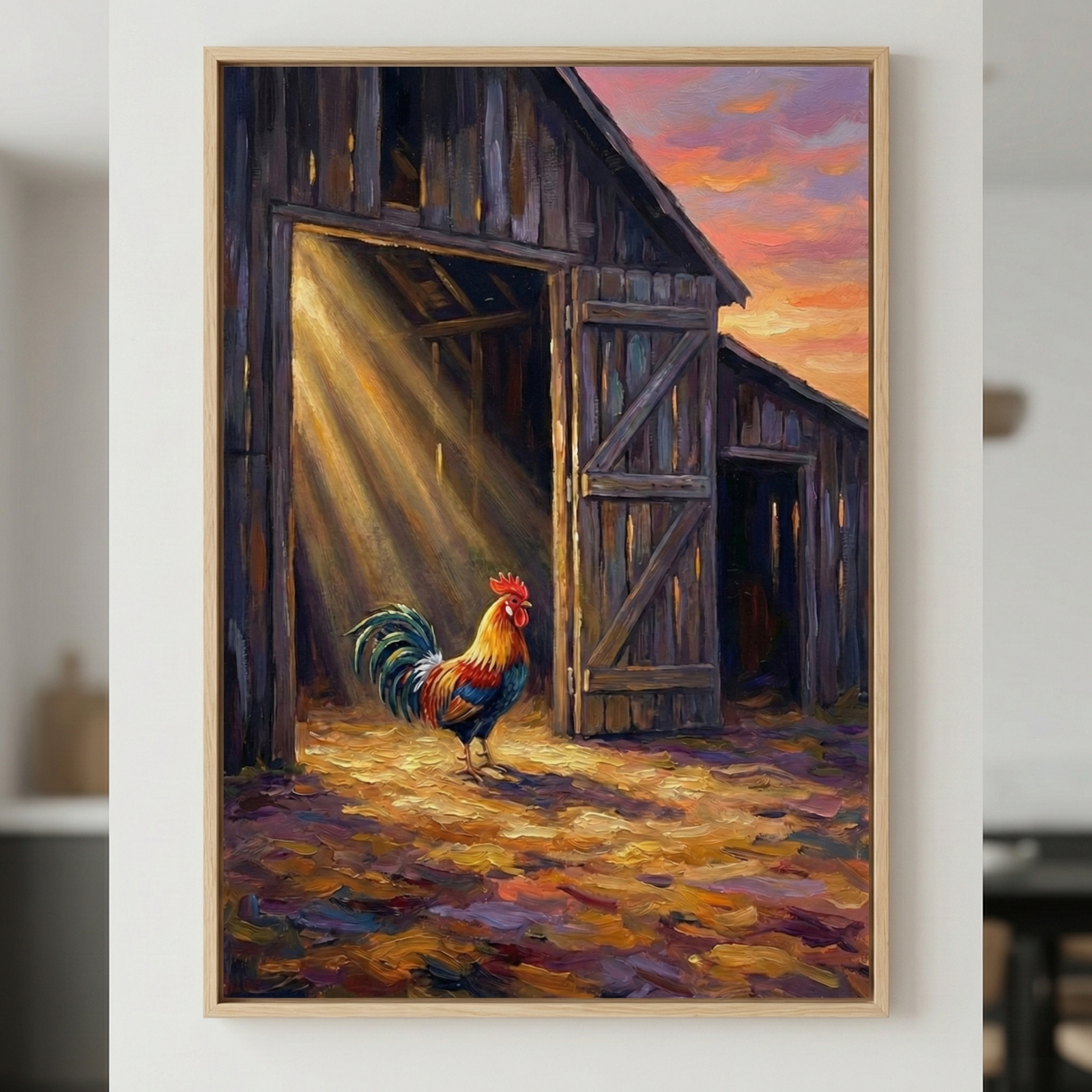 A vibrant rooster with colorful plumage stands at the entrance of an old wooden barn. Golden rays of sunlight stream through the dark interior, highlighting the textures of the bird's feathers and the straw-covered ground. In the distance, a sunset sky is filled with hues of orange, pink, and lavender. The scene is rendered with expressive, heavy brushstrokes, giving the work a rich, tactile quality. The barn's weathered wood is dark, contrasting with the bright, warm light.