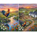 Two colorful countryside paintings displayed side by side at sunset. One shows a vibrant rooster standing on a rock beside a winding stream surrounded by daisies poppies and wildflowers while the other shows a farmyard with chickens a coop a small cottage grazing horses and a rooster standing along a flower lined path under a glowing sunset sky.