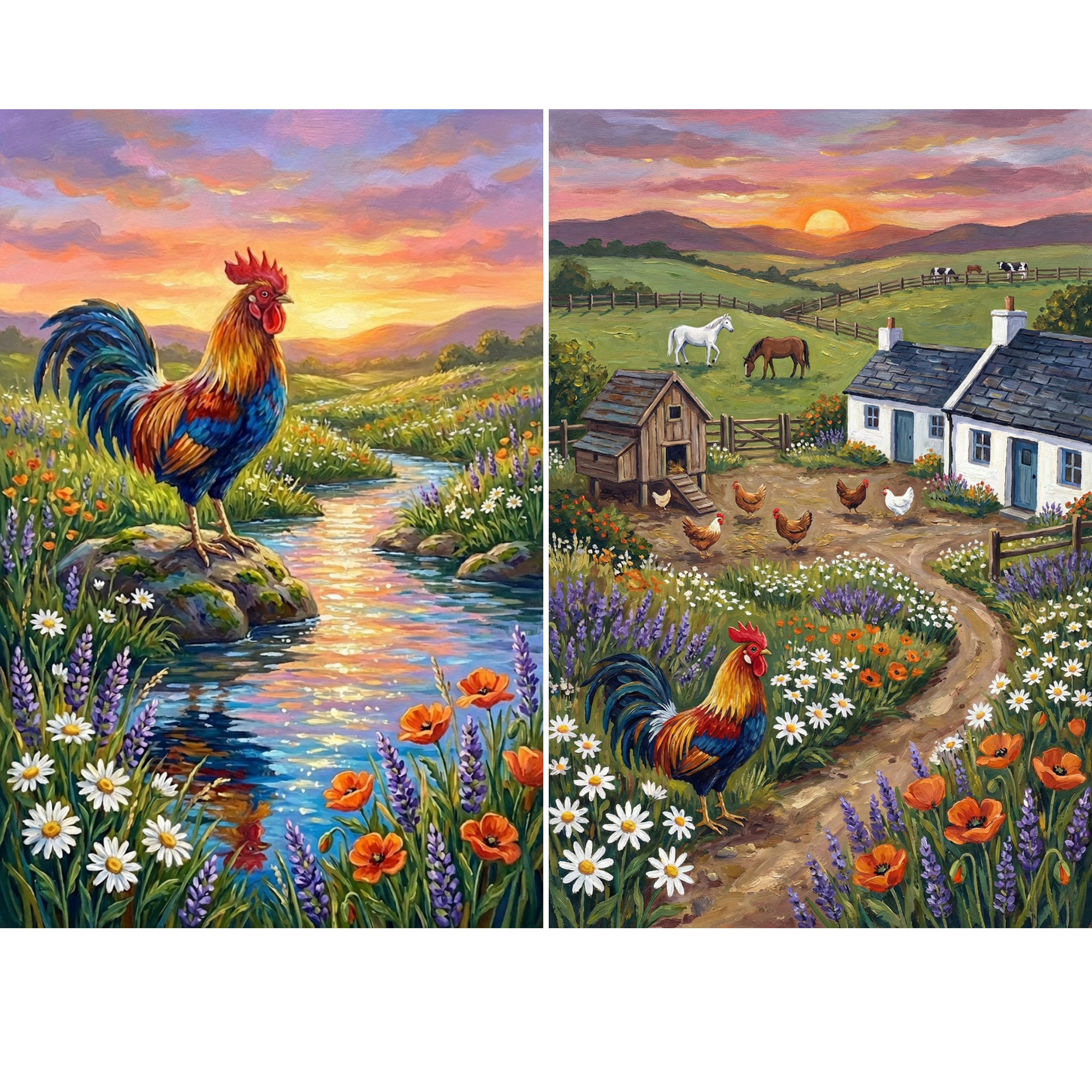 Two colorful countryside paintings displayed side by side at sunset. One shows a vibrant rooster standing on a rock beside a winding stream surrounded by daisies poppies and wildflowers while the other shows a farmyard with chickens a coop a small cottage grazing horses and a rooster standing along a flower lined path under a glowing sunset sky.