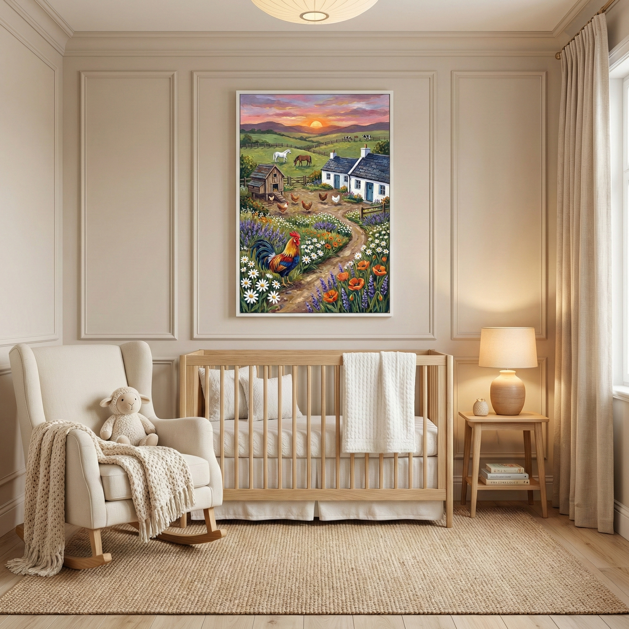 A serene nursery in neutral tones features a light-wood crib with white bedding. Above it, a framed artwork depicts a vibrant farm scene at sunset, with a colorful rooster amidst wildflowers, a winding path, a white cottage, and horses on distant rolling hills. To the left, a cream-colored rocking chair holds a soft plush lamb and a knitted throw. A small wooden side table with a lamp sits to the right of the crib. The room has elegant wall molding, a textured jute rug, and long curtains.