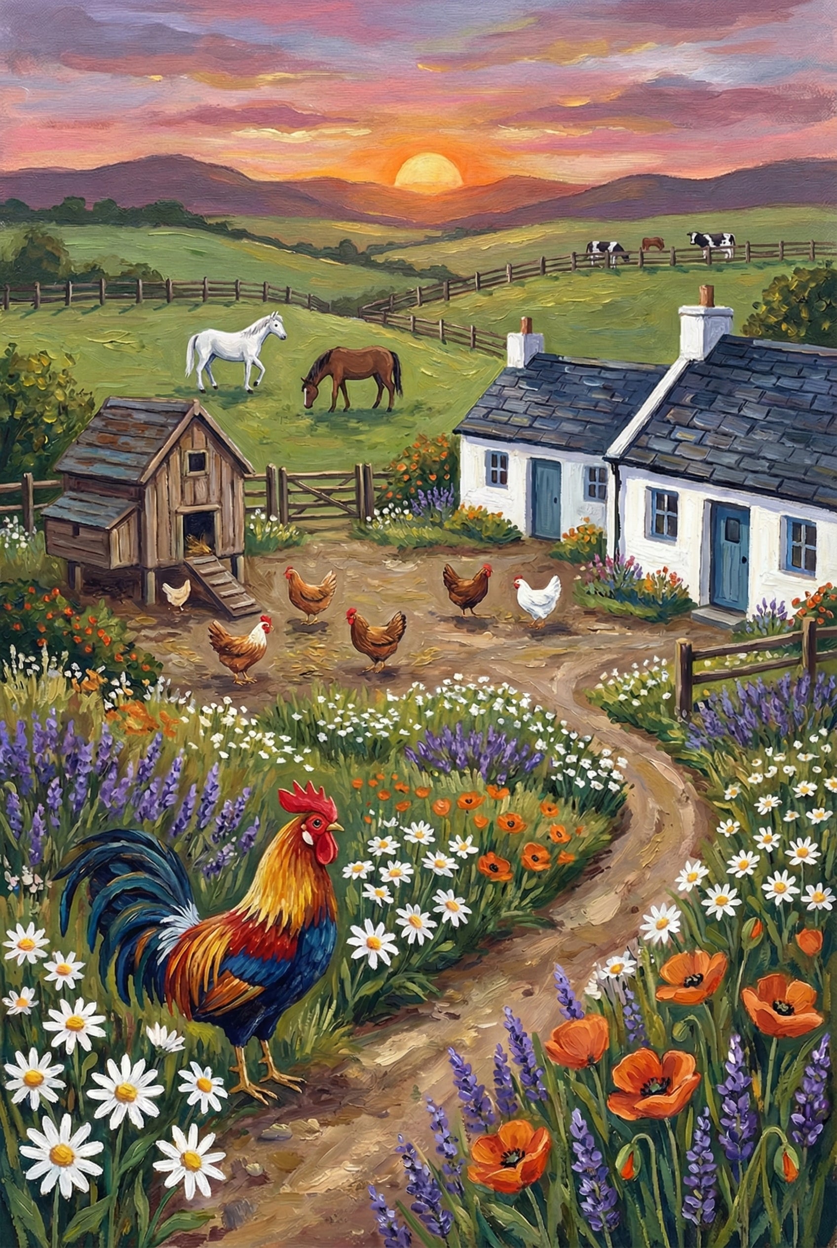 A vibrant countryside scene at sunset features a colorful rooster among daisies and poppies, with several chickens nearby. Two quaint white cottages sit beside a wooden chicken coop, and horses graze in a fenced pasture, while cows are visible in the distance against rolling hills and a glowing sun.
