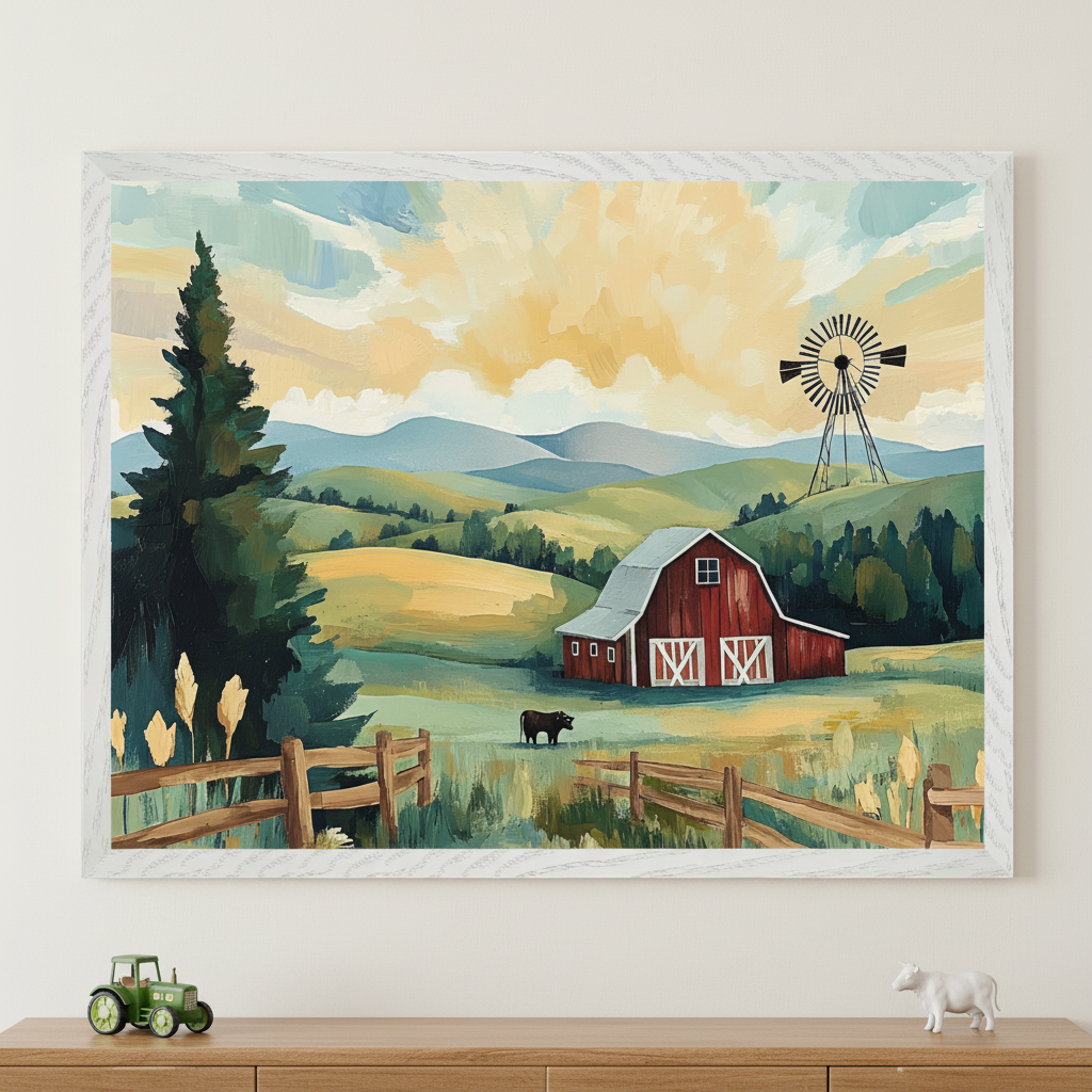 Neutral room with a wooden dresser. A large white-framed painting of a rural farm scene with a red barn, windmill, and a cow in rolling green hills hangs above the dresser. A green toy tractor and white cow figurine are on the dresser.