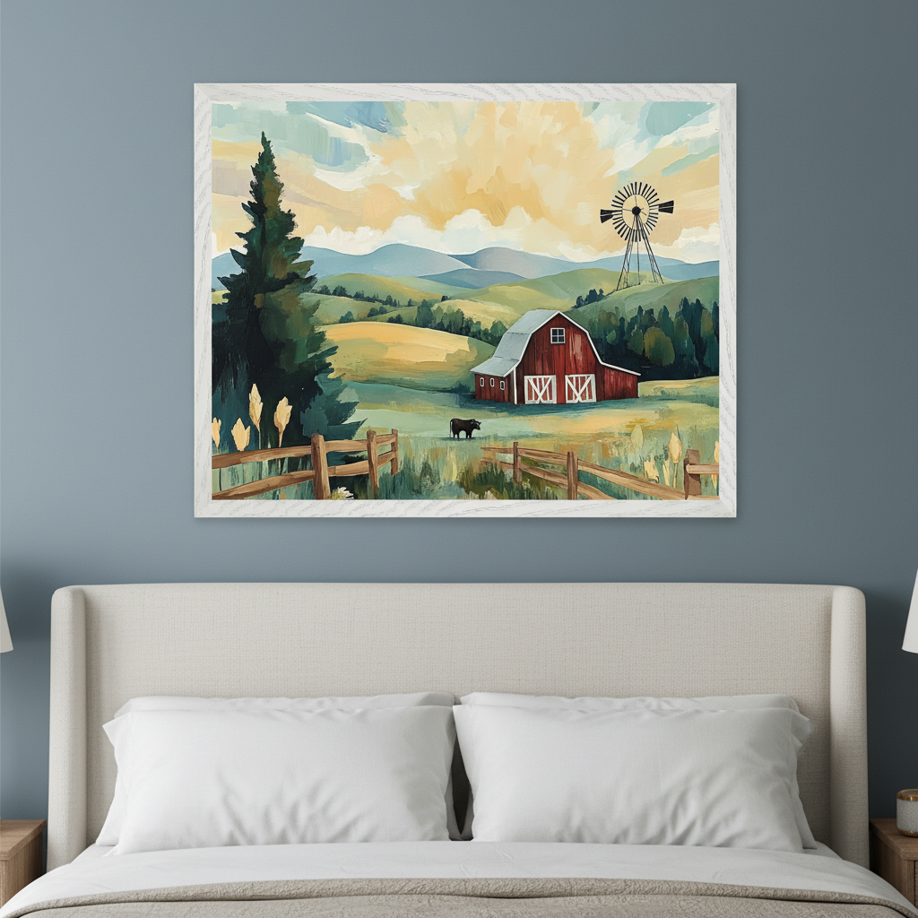 Contemporary bedroom with an upholstered bed. A large framed painting with a white textured frame hangs above the bed. The artwork depicts a rural landscape with rolling hills, a red barn, a windmill, an evergreen tree, and a black cow in an oil painting style.