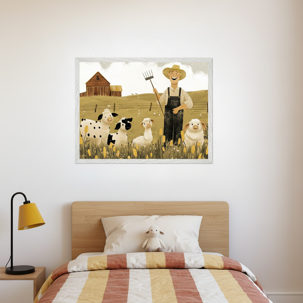 Kid's bedroom with a wooden bed, striped duvet, and a sheep plush on the pillow. A large framed cartoon illustration of a smiling farmer with a pitchfork, cows, sheep, and cornstalks in a field with a barn, hangs centered above the bed. A yellow lamp is on a nightstand.