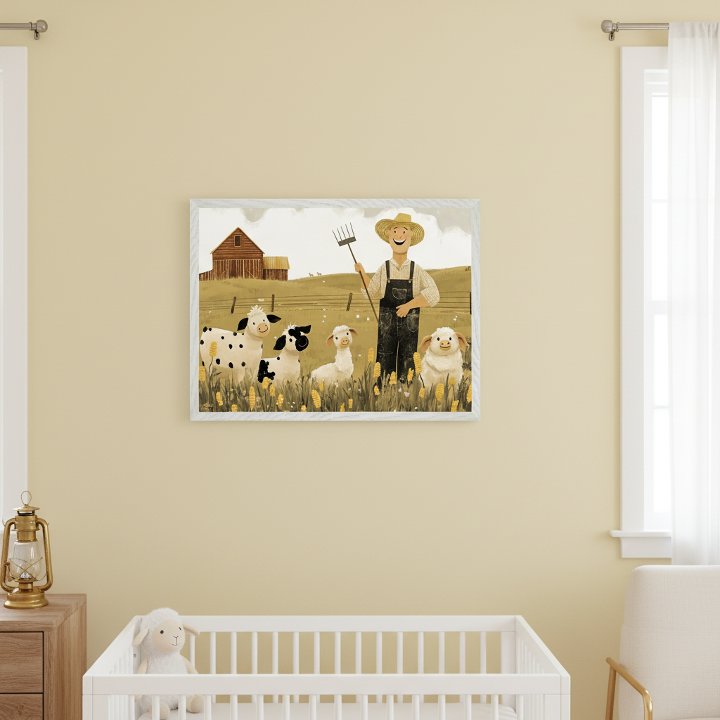 Nursery with light yellow walls. A white framed, cartoon illustration of a farmer, two cows, and two sheep in a cornfield with a barn hangs centered above a white crib. A wooden dresser with a lantern is to the left.